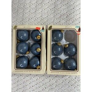 11 CHRISTMAS by Krebs 2.5" Glass Ornaments Peasant Blue Designer w Gold Crowns